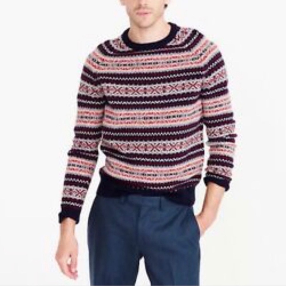 J. Crew men’s 100% lambswool fair isle sweater size medium blue red white